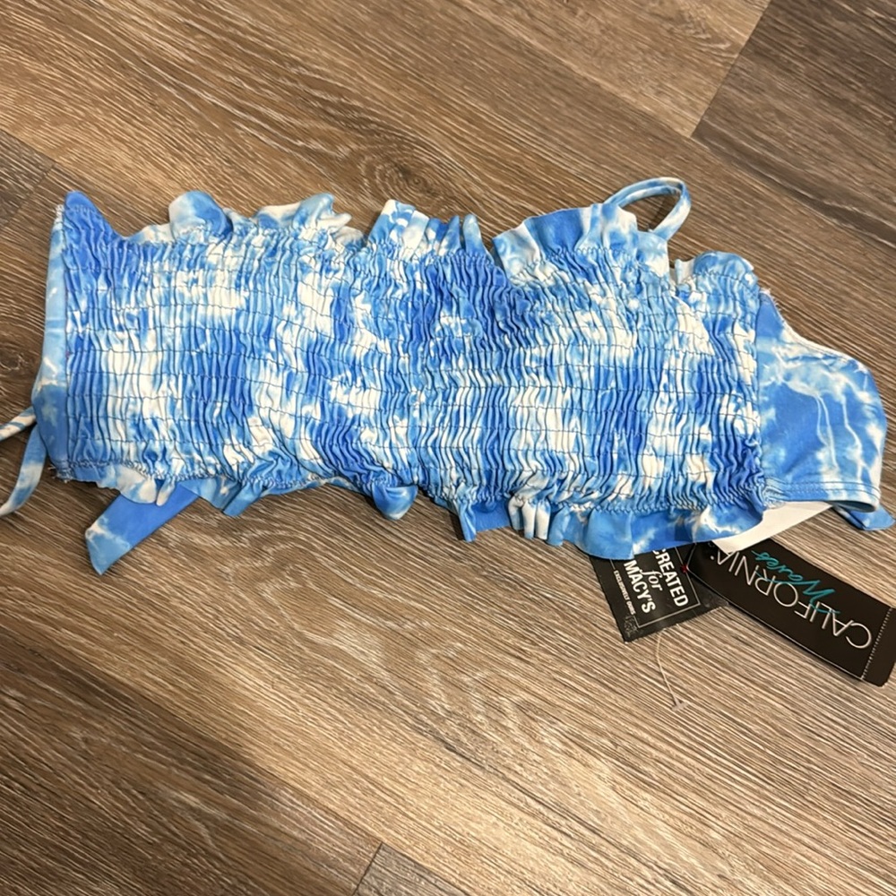 NWT California Waves blue white tie dye smocked strapless swim bikini top L - Picture 2 of 8